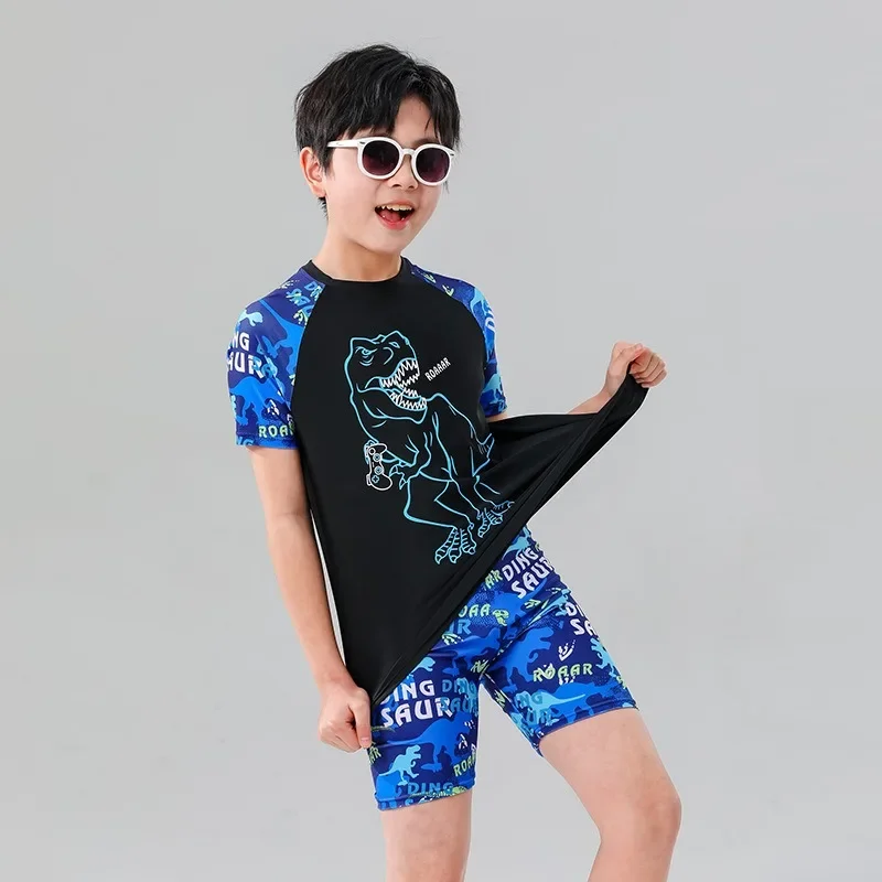 

Baby Boys Bathing Suit Split Swimwear Dinosaur Printing Children Short Sleeve Bathing Suit with Hat