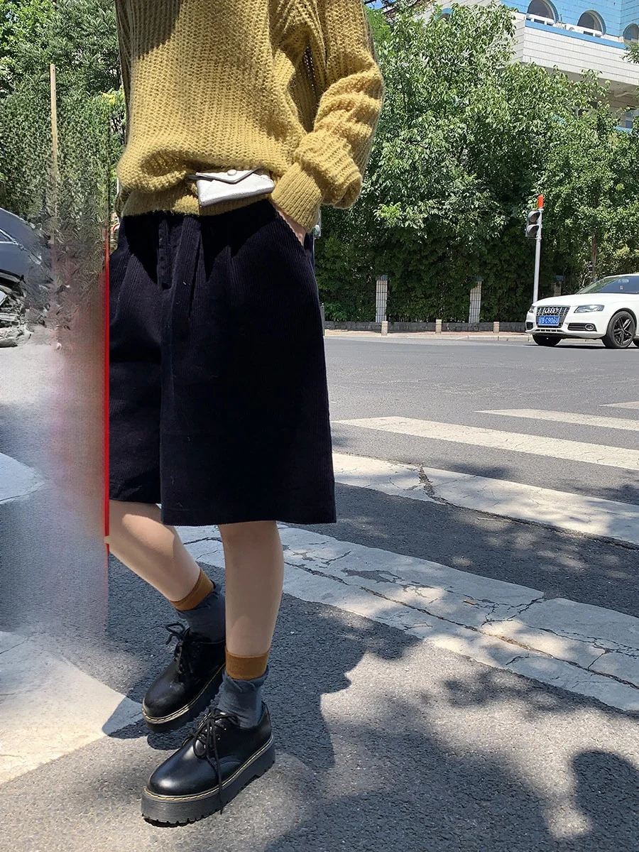 

High Waist Corduroy Wide Leg Pants Vintage Workwear Sle Straight Cut Five-Point Pants Comfortable Loose Fit Ladies Trousers