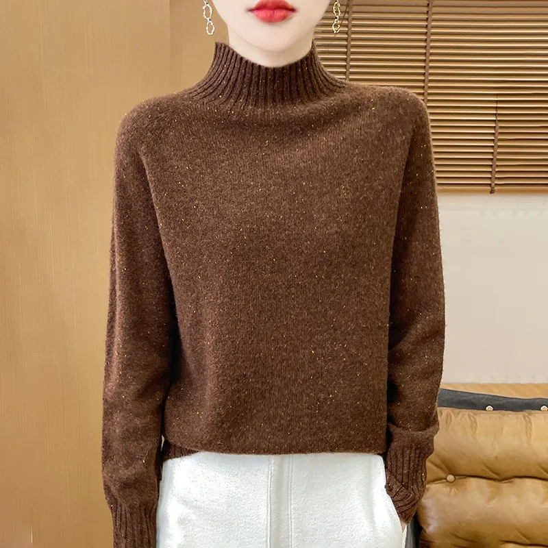 Women's Half Height Neck 100% Pure Wool Sweater Women's Fall/Winter Dot Yarn Soft Pullover Knitted Thick Warm Outdoor Casual Top