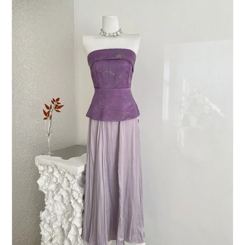 

French style retro jacquard temperament slimming strapless top+satin large swing long skirt women elegant two-piece set
