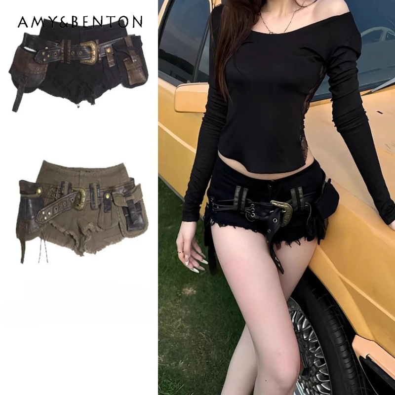 

2025 Summer New Heavy-duty Belt Buckle Splicing Women's Ultra-shorts Original Design Low-rise Slimming Wide-leg Jeans Ladies