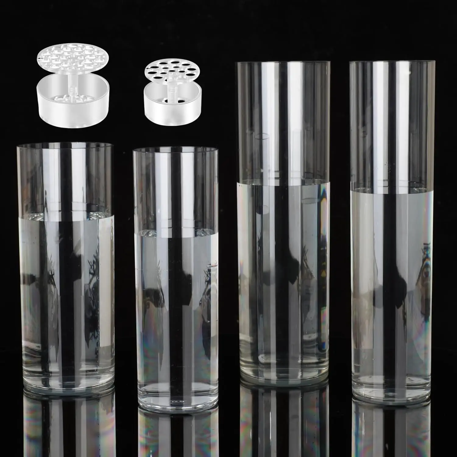 

4 Large Acrylic Clear Cylinder Vase Set With 2 Spiral Ikebana Stem Holder Ring, Unbreakable Tall Plastic Hurricane Vases