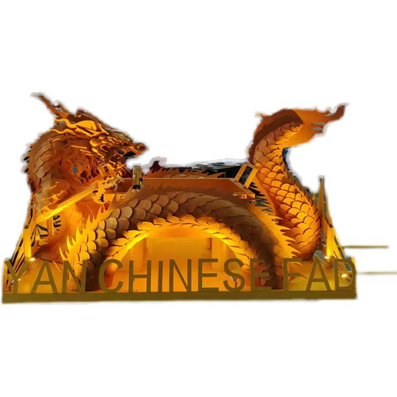 Bar and nightclub atmosphere props, wine lift, golden dragon decoration, glowing golden wine cabinet, wine rack, wine box