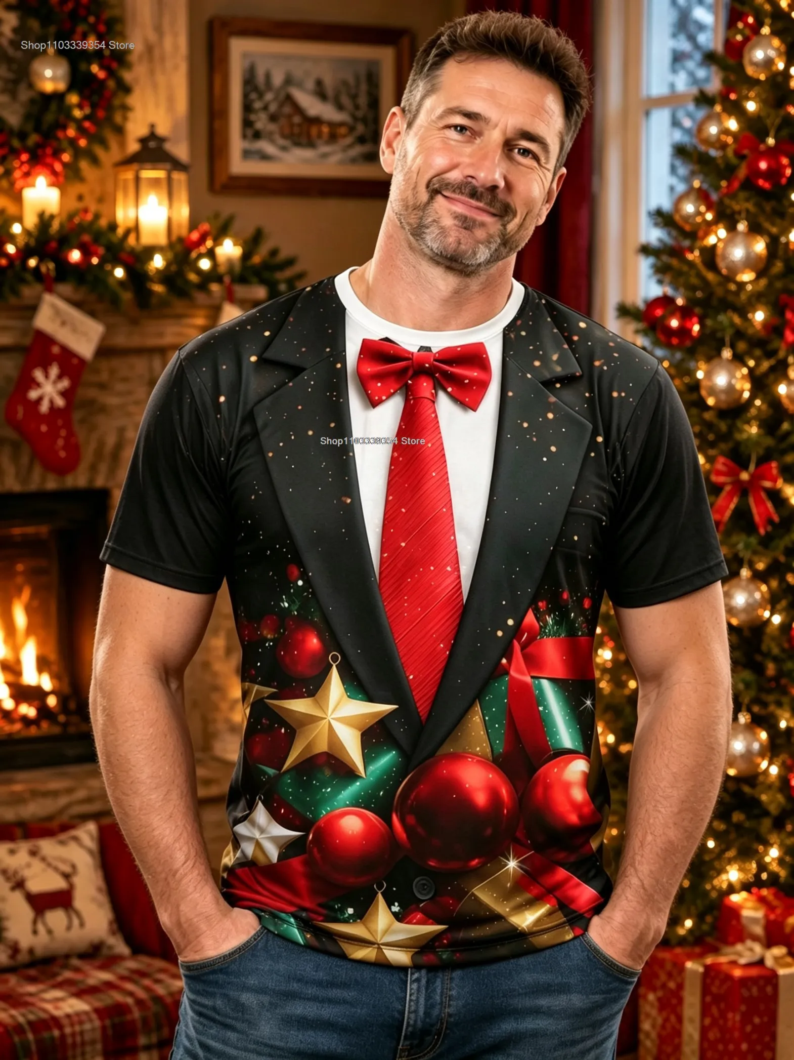 Christmas T Shirt Men Funny Fake Suit Print Short Sleeve Santa Holiday Graphic Casual Christmas Party Top Gift Men Clothing