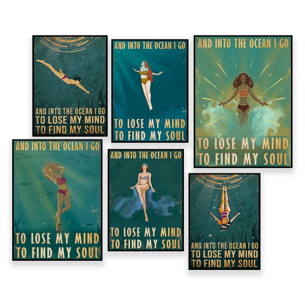 Into The Ocean I Go Poster, Spiritual, Yoga, Sea, Water, Travel, Vintage, Wall Art Decor, Housewarming Birthday Gift Idea