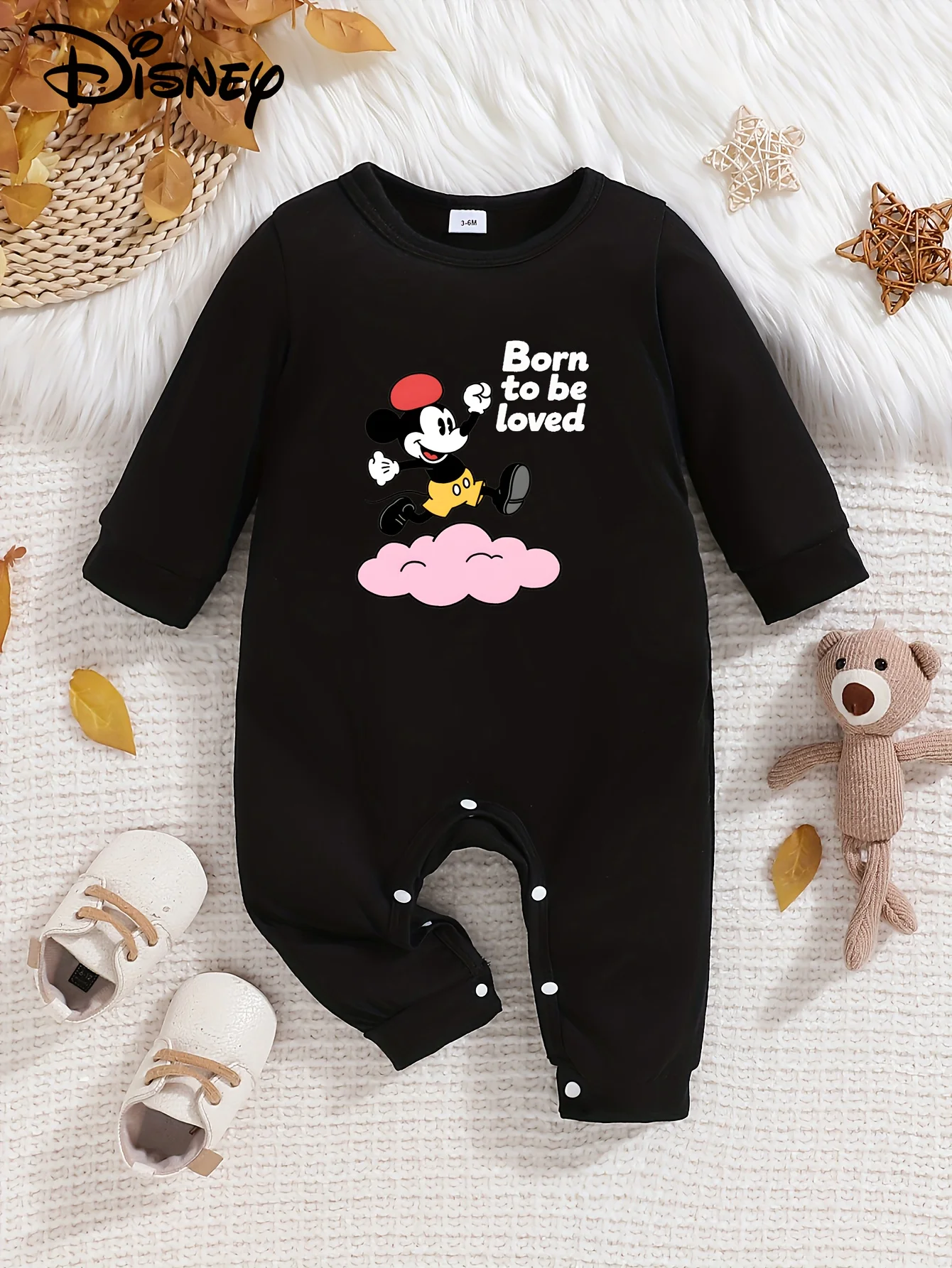 

【Authorized】Disney Mickey Mouse Baby Long-Sleeve Romper, Cute Pattern Print, Round Neck, Soft and Comfortable, Machine Washable, Suitable for All Seasons, Suitable for Outdoor Wear