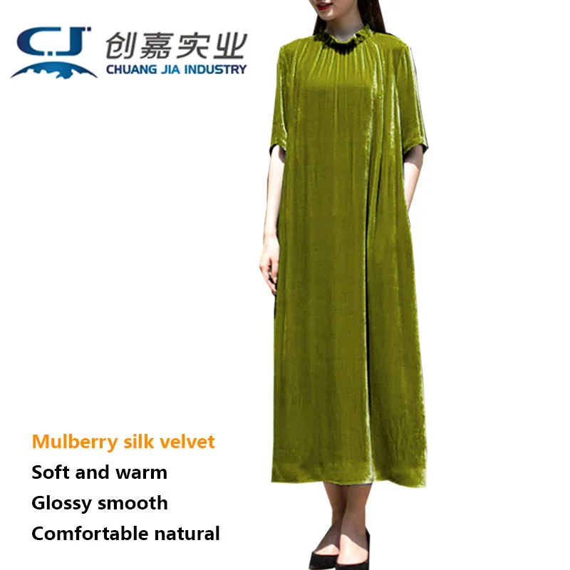 Real Silk Velvet Lady Spring Summer Short-sleeved Lotus Leaf Lace Collar Dress Dark Green Long Robe Temperament Elegant Luxury