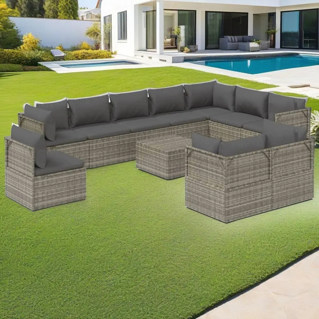 Conjunto de salão de pátio de vime poli cinza de 11 peças com almofadas - Móveis de exterior para jardim e deck