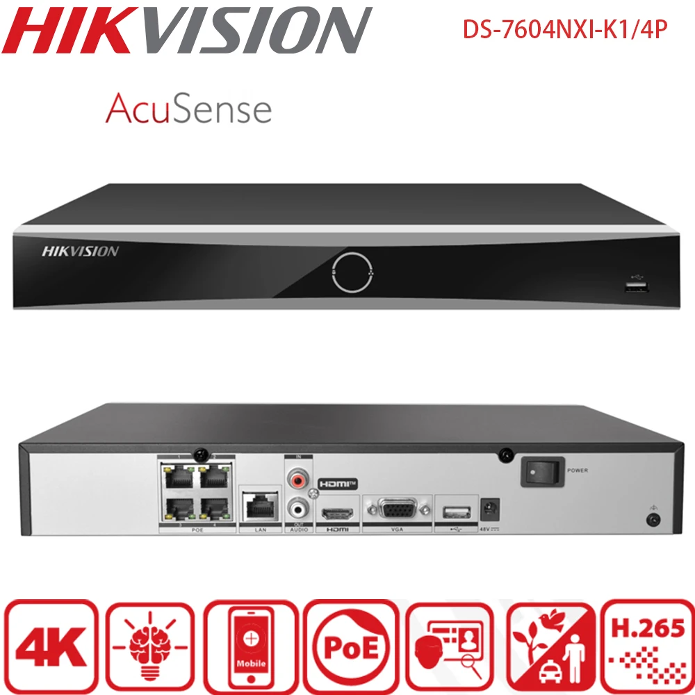 Hikvision 4-Channel PoE NVR 4K 1U K Series AcuSense Network Video Recorder DS-7604NXI-K1/4P Surveillance System