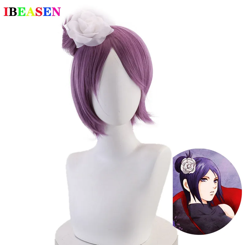 NARUTO Konan Cartoon Cosplay Wigs Purple short hair with head flower Heat-Resistant Halloween Hair Wig For Girl Women