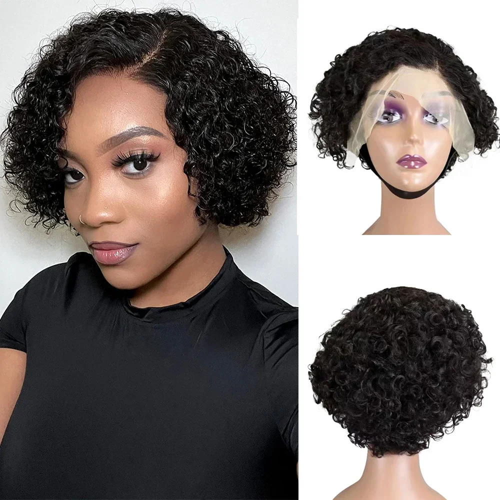 

Short Pixie Cut Lace Wigs Pre-Plucked Side Part 13x4 Transparent Lace Frontal Wig Brazilian Remy Curly Human Hair Wig for Women