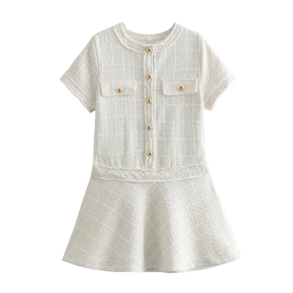 2024 ZAR4 Summer New Women\'s Fashion and Versatile Small Fragrant Wind Texture Metal Button Short Dress