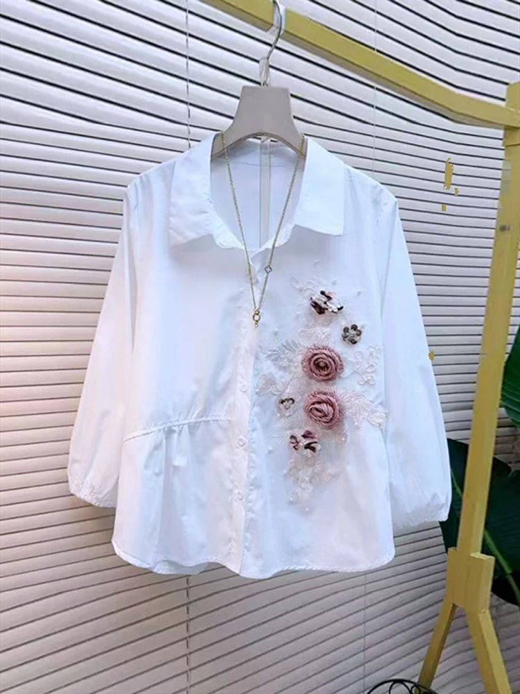 

Women Shirt Loose 3d Flowers Diamonds Long Sleeve White Black Casual Single Breasted Blouse Summer 2025 New Fashion