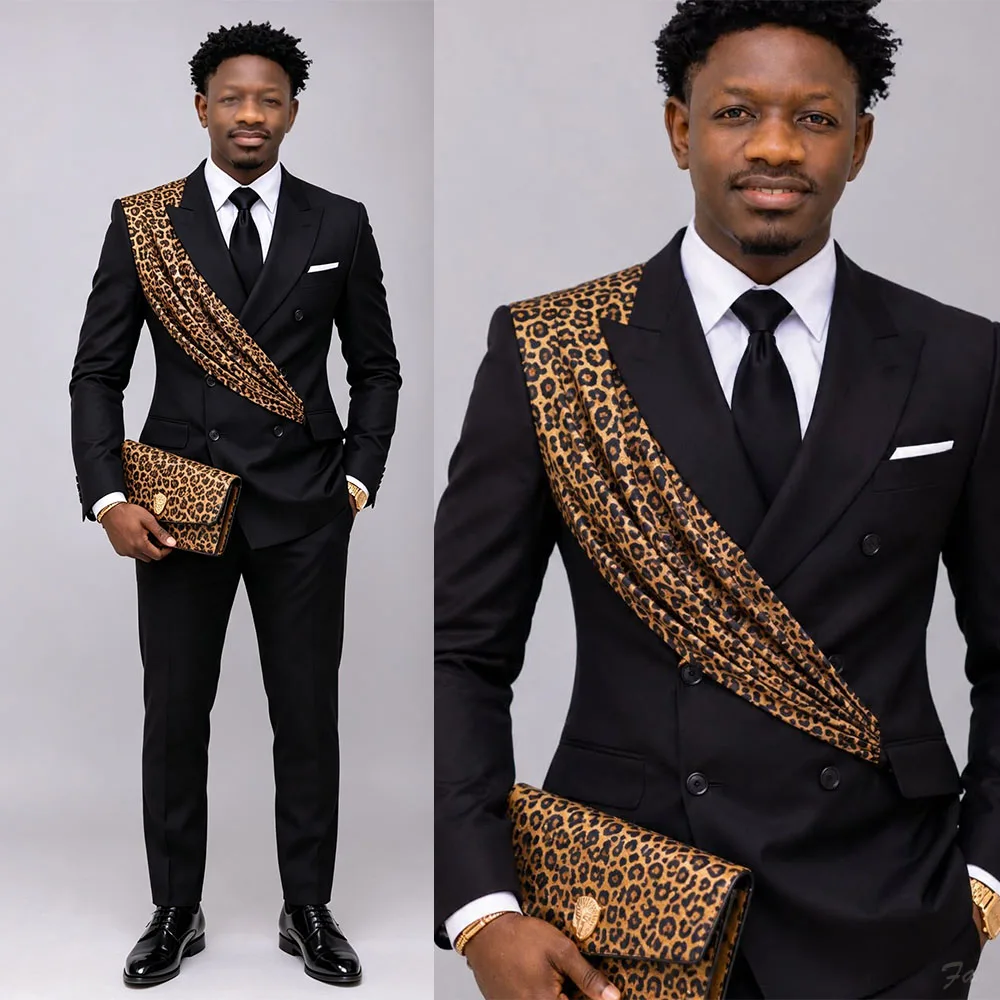 Fashion Men Jacket Pants Suit Leopard Print Peaked Lapel Double Breasted Evening Party Set Customized 2 Piece Formal Prom Wear