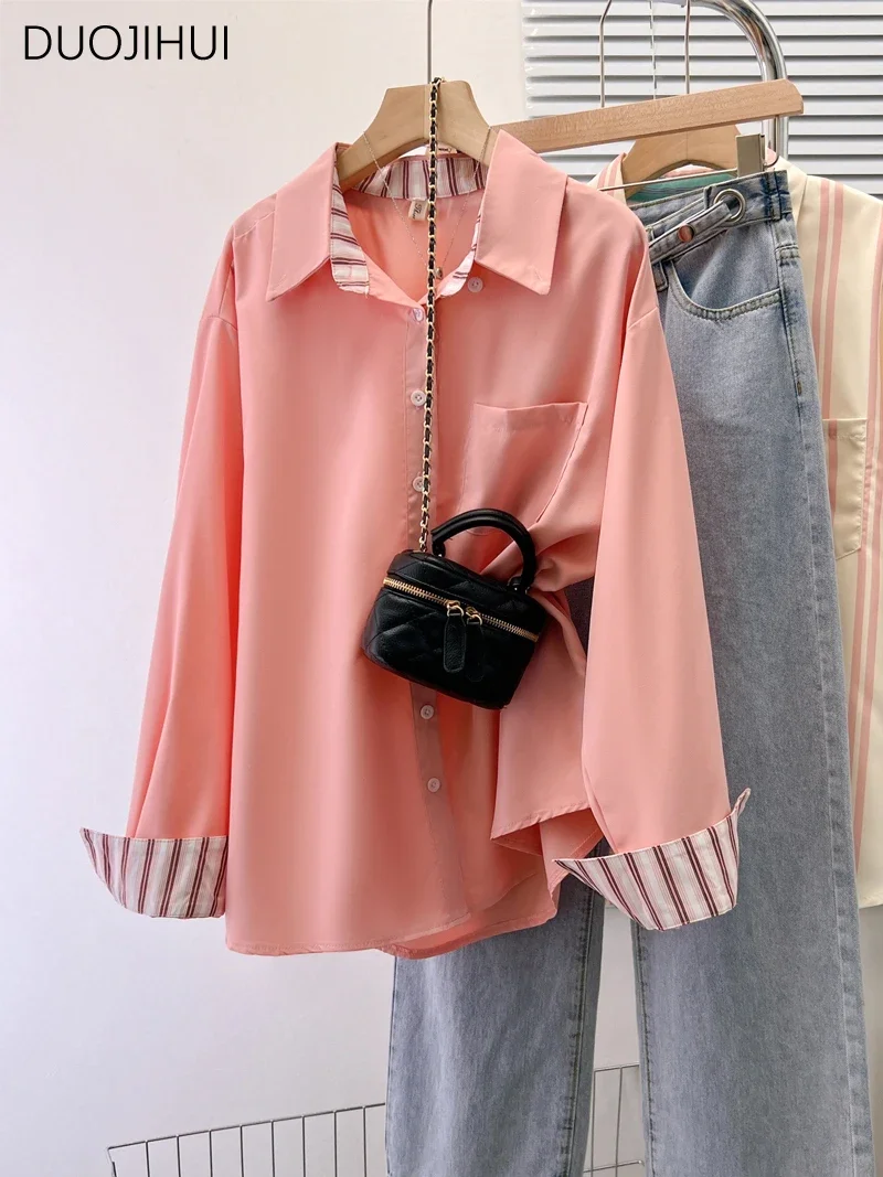 

DUOJIHUI Pink Chic Polo Neck Classic Striped Loose Women Shirt Spring Basic Long Sleeve Fashion Spell Color Casual Female Shirts