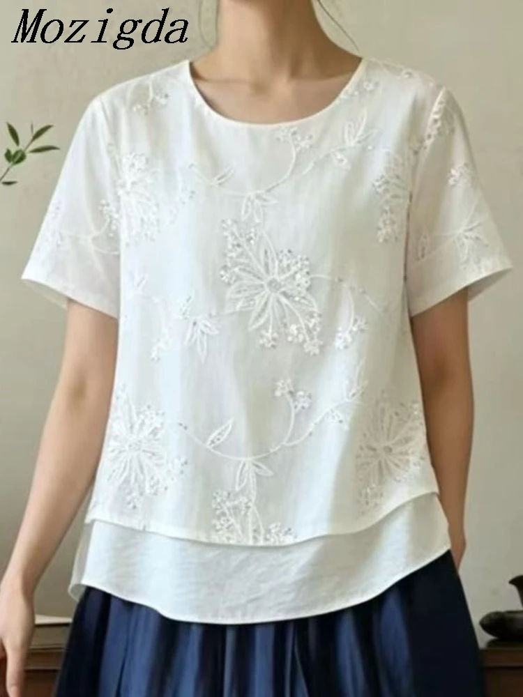 

Summer Round Neck Heavy Industry Embroidered Glitter Shirt Women Western Style Chinese Style Short Sleeve Ladies Tops Blouses
