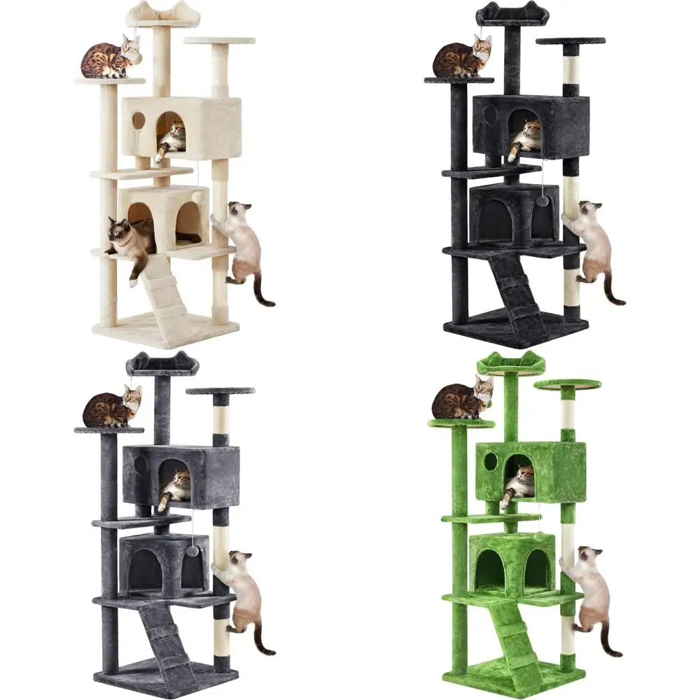 luxurious feline living space: cozy pet bed, elegant cat tower, and playful indoor game house in beige