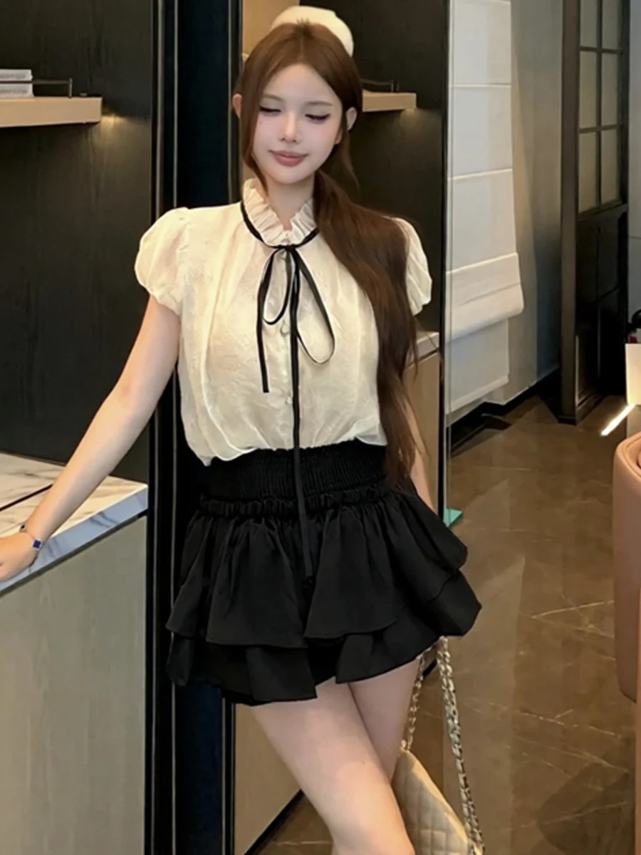 Sexy High Waist Slim Fit Lace Shirt Bubble Sleeve Wooden  Trim Skirt Set Fashionable Casual Wear for Young Women