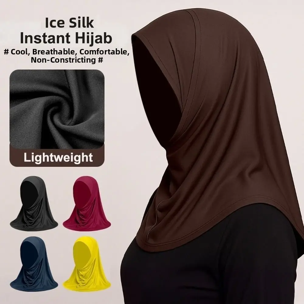 Elegant Ice Silk Women Hijab Scarf Sun Protection Lightweight Instant Hijab Neck Protection Solid Color Ready To Wear Hijab Lady