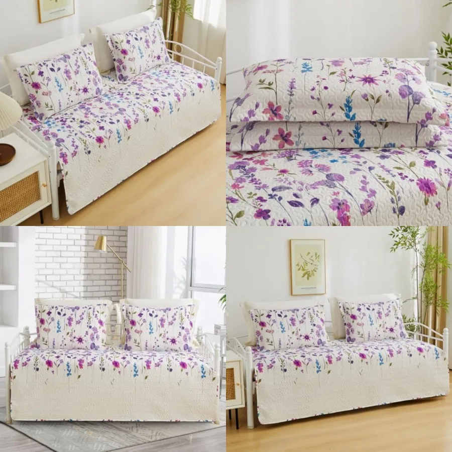 

3 Pcs Floral Daybed Cover Set Twin Size Lilac Flower Sofa Cover Bedding Sets Double Side Bed Set for All Season Botanical Patte