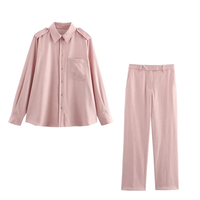 

Female Spring Sets Pink Turn-Down Collar Long Sleeve Single Breasted Shirts+High Waist Long Pants Women's Fashion Suit