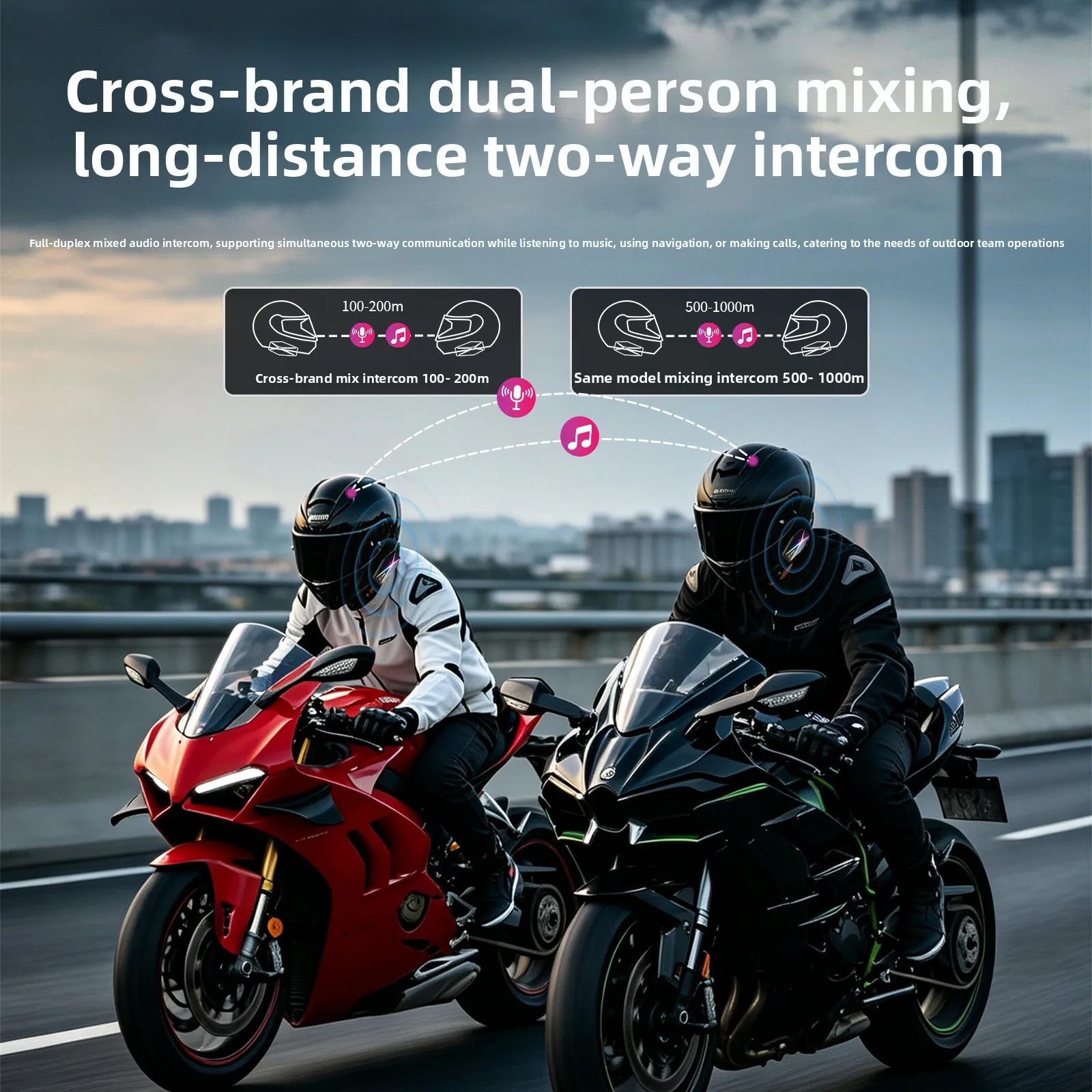 Bluetooth Headset Motorcycle, Waterproof Helmet Headphones with Noise Reduction, Wireless Intercom for Riding, Two-Person Use