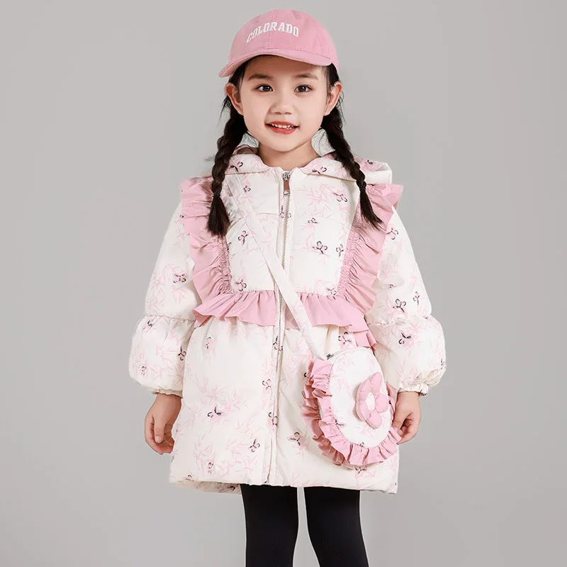 Girls Princess Kids Long Loose Thickened Duck Downjacket Pink Green Children Coat Teenagers Hooded Padded Jacket Clothes Winter