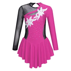 Kids Girls Figure Skating Dress Ballet Dance Tutu Dresses Gymnastics Leotard Long Sleeve Shiny Rhinestone Performance Dancewear