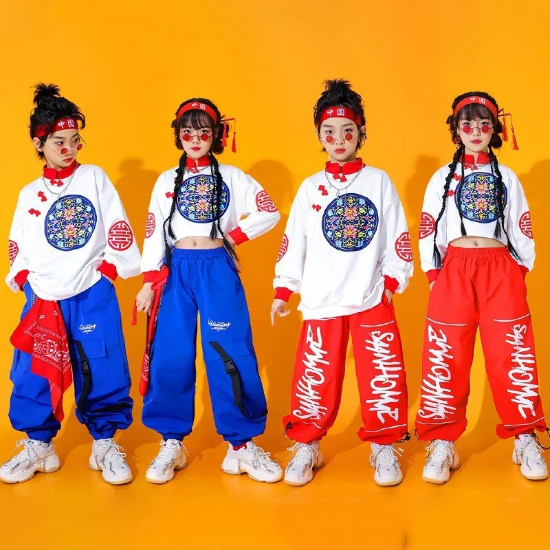 Children Hip Hop Clothes Street Dance Outfit Girls Jazz Performance Costume Long Sleeve Print Top Baggy Pants Teen Stage Wear