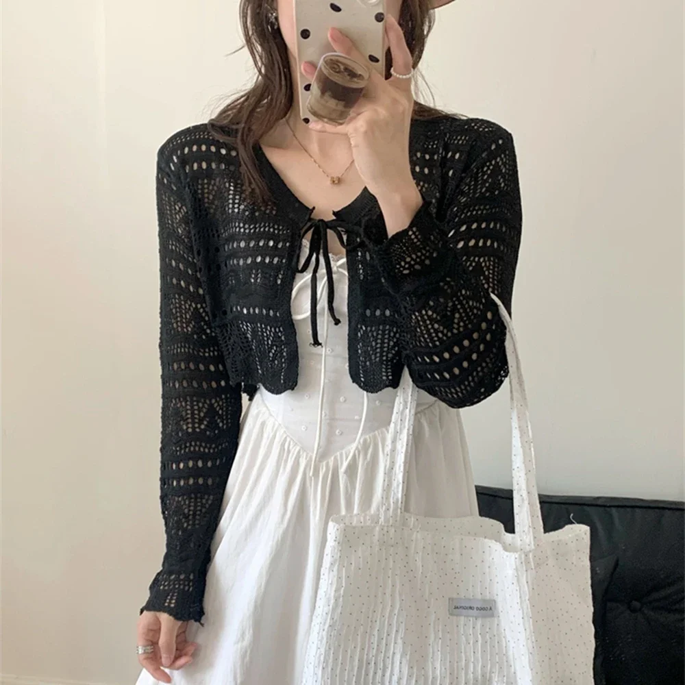 

New Tie Front Crop Cardigan Long Sleeve Pointelle Knit Openwork Shrug Jacket Women Teen-girl Spring Summer Fairycore Outfit