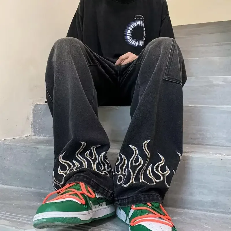 

Pop Spring Autumn Men's Jeans Korean Street Men Clothing Hip Hop Casual Jeans Skateboarding Pants BLACK JEANS WITH FLAME EMBROID