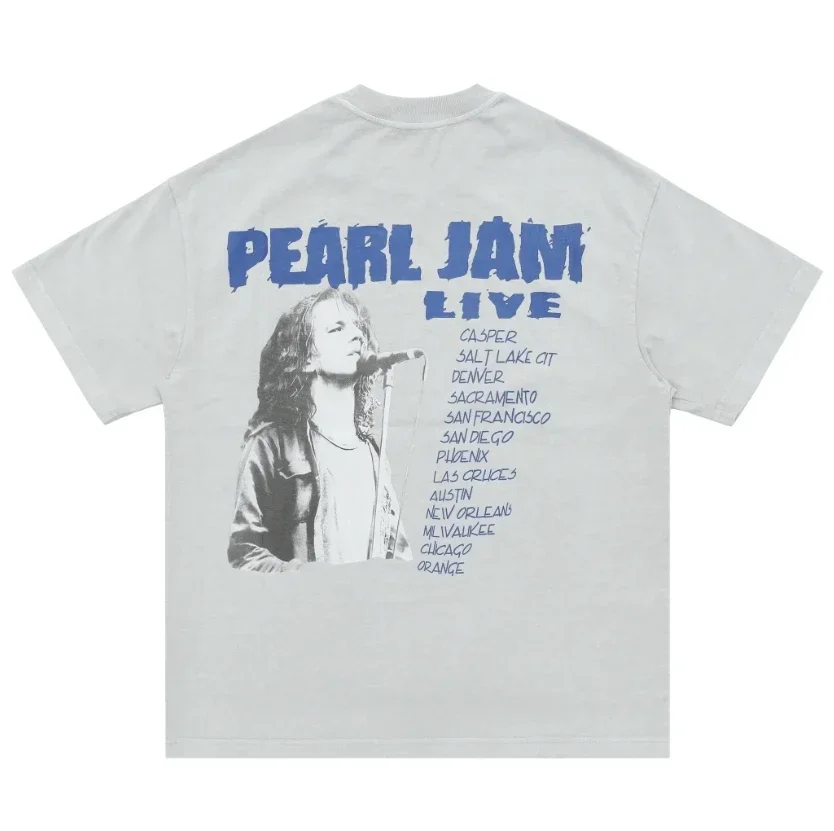 Rock'n' Roll Washed And Worn Vintage Pearl Sauce Short-sleeved T-shirt White Ink Direct Spray High Street Style