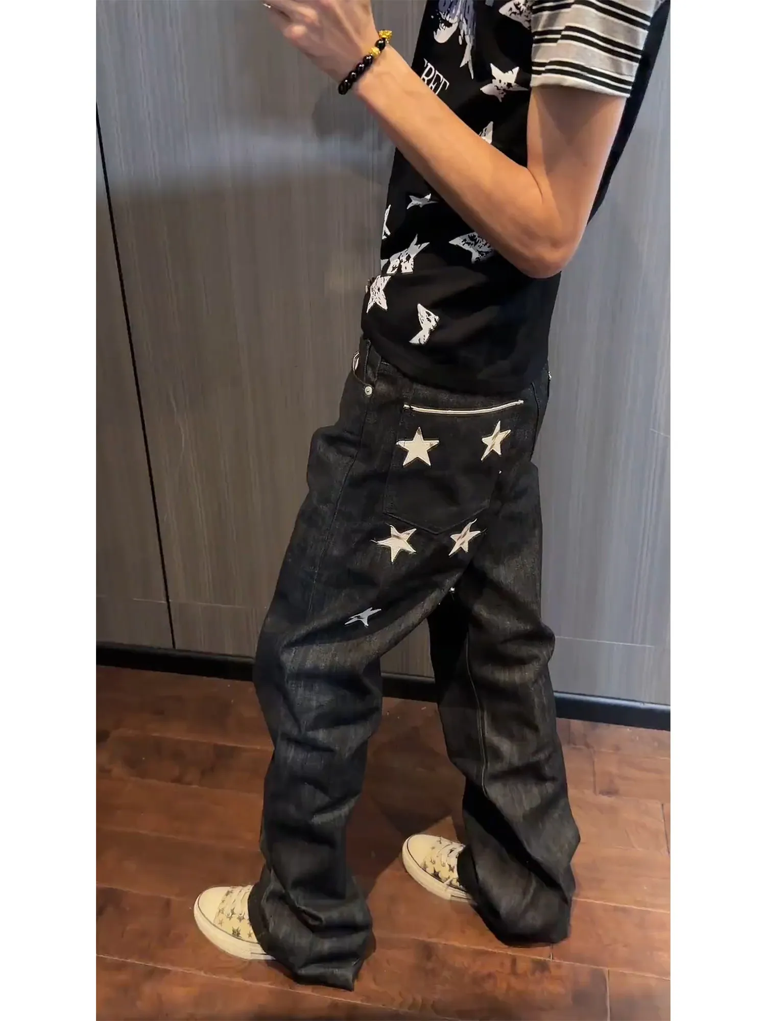 Black Star Print Workwear Jeans American West Coast High Street Vibe Deconstructed Straight Leg Casual Pants Men's Jeans