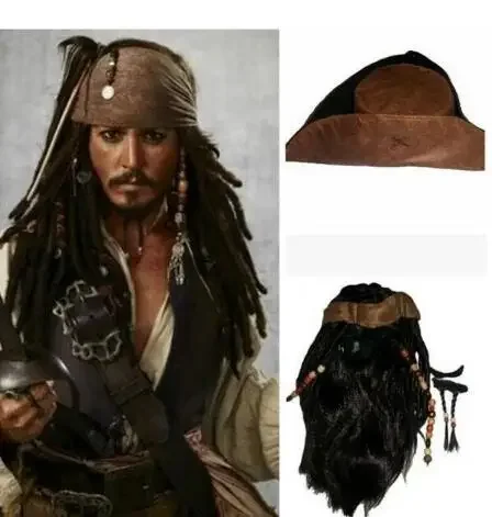 

Cosplay Captain Jack Costume Props for Men Adult Unisex Pirate Sparrow Wigs Hat of The Caribbean Halloween Accessories Dress Up