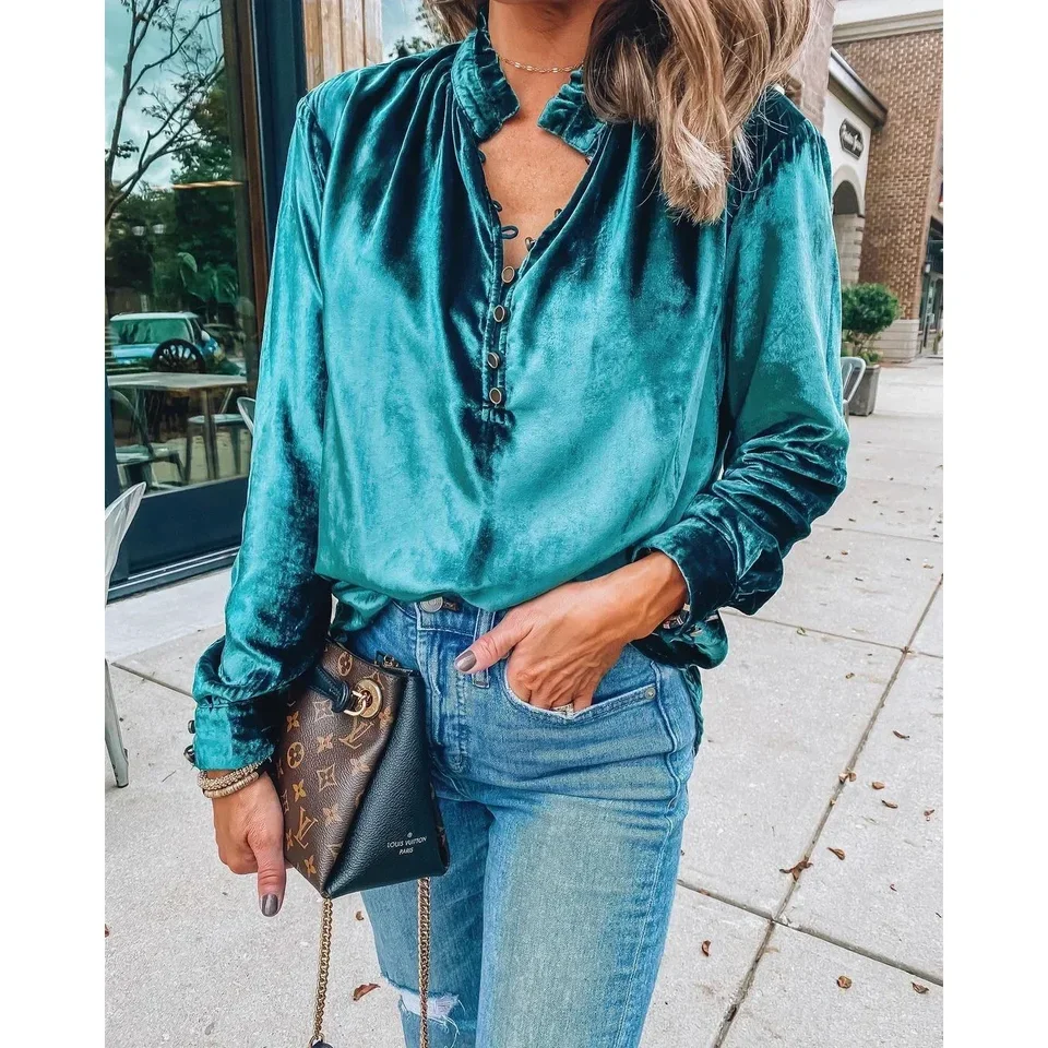 

Autumn and Winter New V-neck Gold Velvet Long-sleeved Shirt Fashion Loose Casual Party Blouse Women