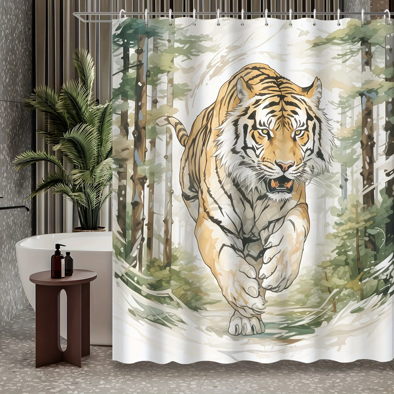 

1 шт., занавеска для душа с рисунком зеленого леса «Король леса», тигр, занавеска для душа с 12 крючками, украшение для ванной комнаты