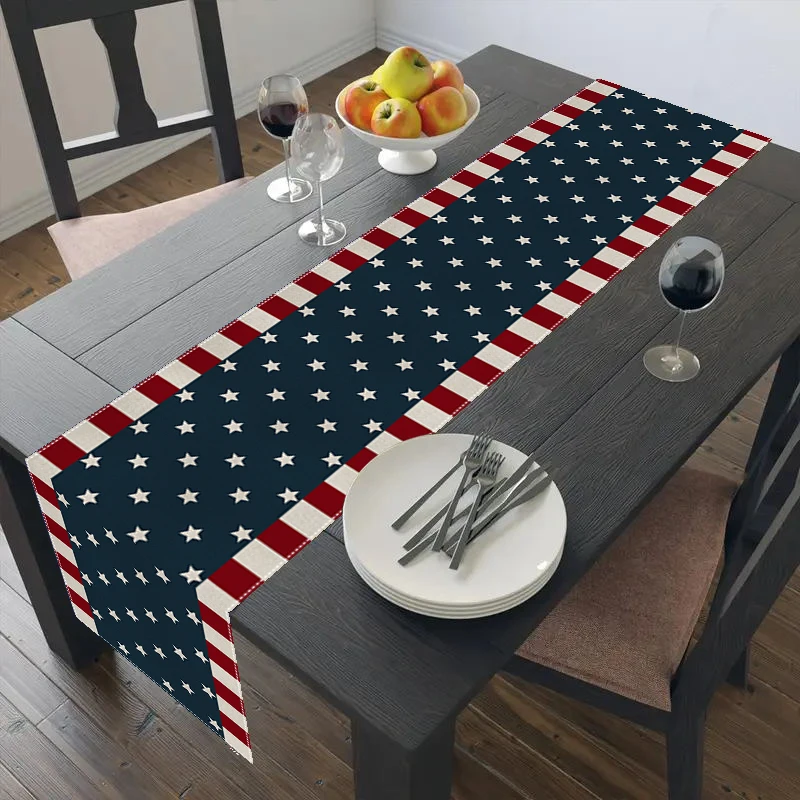 1pc Table Runner, Blue And White Stars Pattern Independence Day 4th Of July Theme Table Mats, Patriotic Kitchen Party Decor