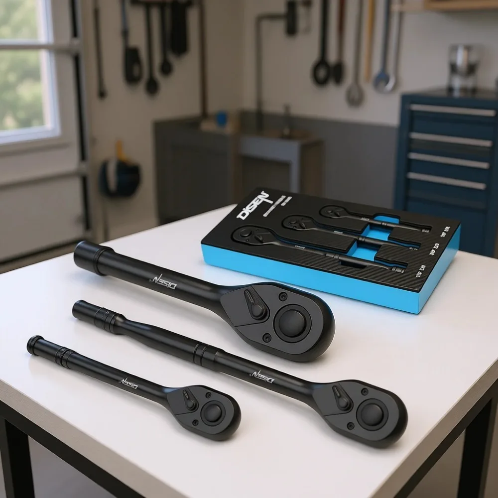 

3 Piece Black Ratchet Set 1 2 3 8 1 4 Drive 90 Tooth Contour Handle Reversible Quick Release with Storage Tray