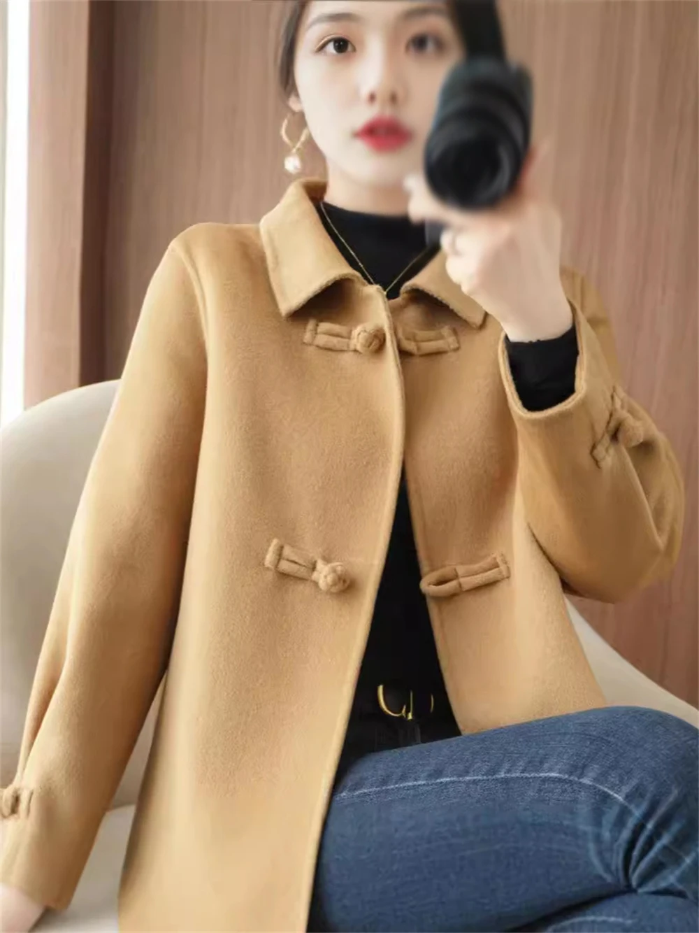 1pcs New Chinese Style Double-sided Cashmere Coat Women's Autumn Winter Doll Collar Short Temperament Elegant Woolen Coat Gift