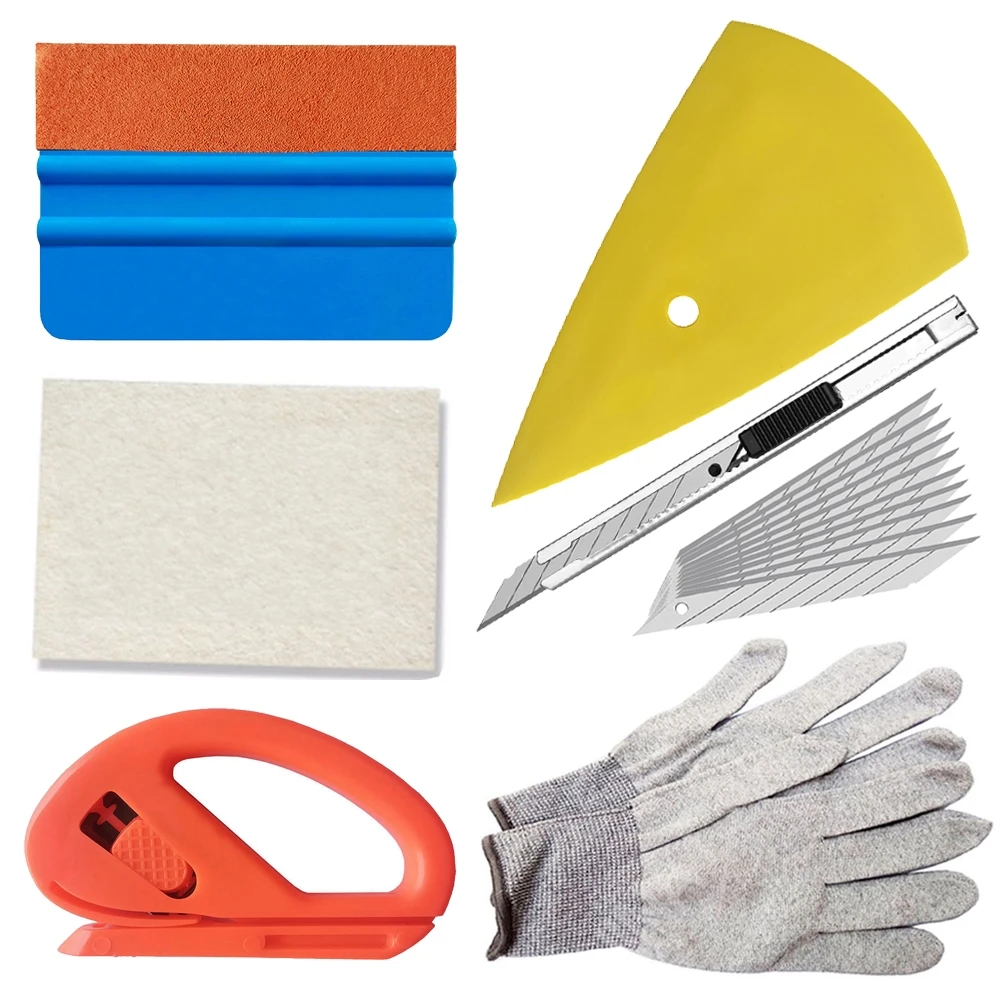 

Набор инструментов для оклейки автомобилей и тонировки окон: виниловый ракель, перчатки, резак для работы с пленкой и обоями