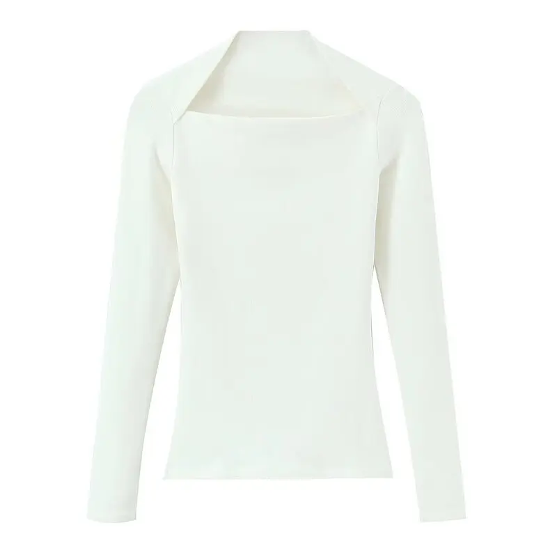 Slim Fit Straight Leg T-Shirt Square Collar Long Sleeve Ribbed New Winter Women's Fashion Commute Style Striped Pattern