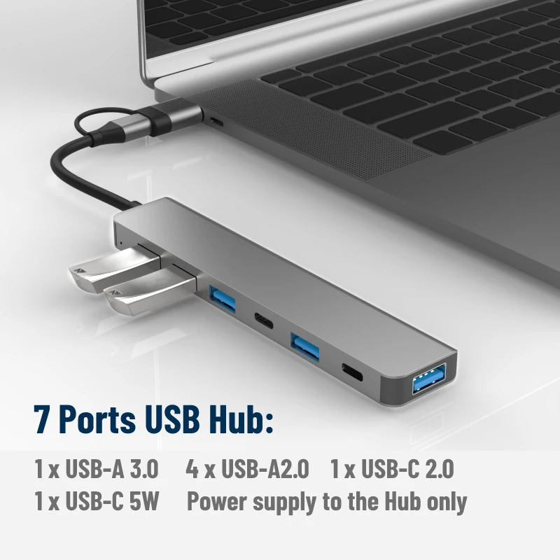 7 In 2 Type C USB-A HUB With PD USB C Port USB 3.0 / 2.0 Splitter Docking Station for MacBook Laptop Tablet Phone