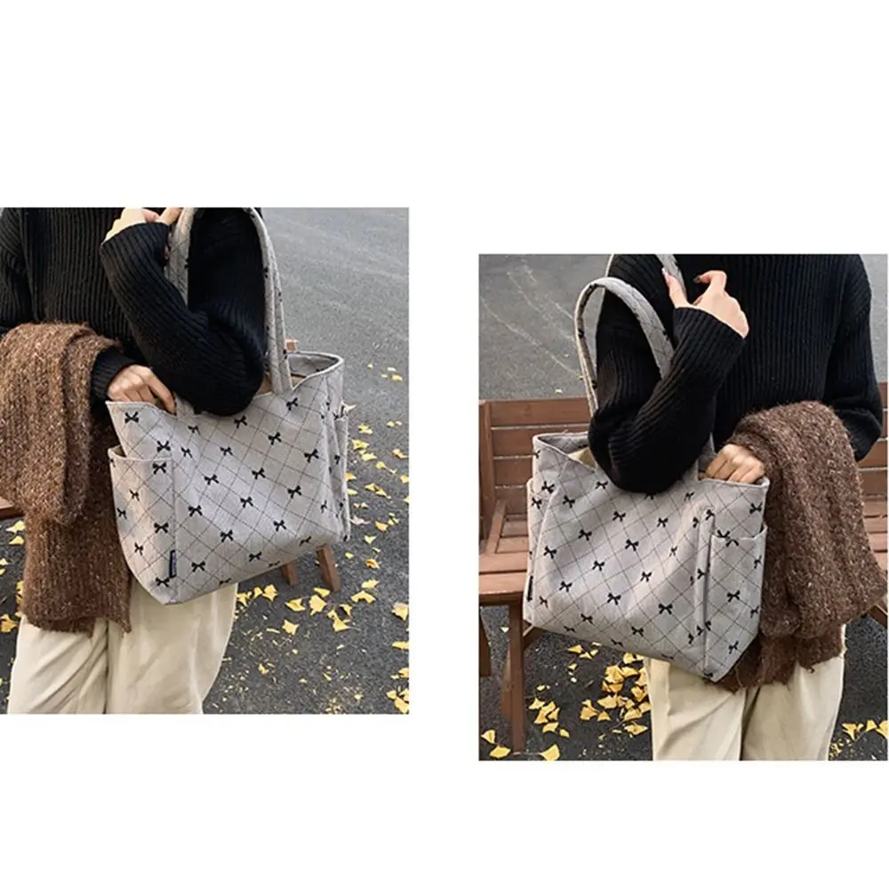 

Повседневная вельветовая сумка-тоут в стиле INS, большая вместительная женская сумка через плечо с бантом, в корейском стиле, на молнии, портативная женская сумка