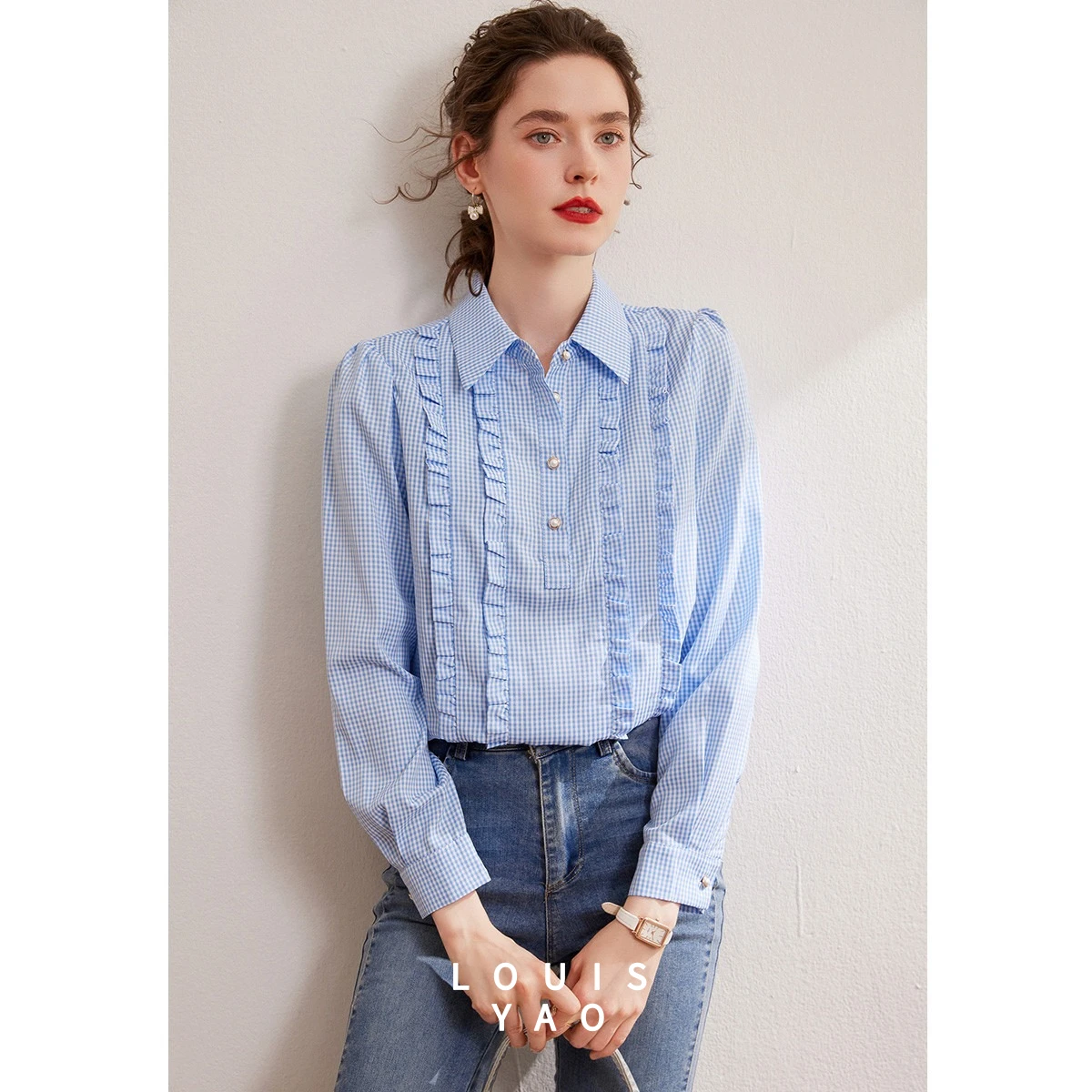 

LOUISYAO Polo Collar Long Sleeve Loose Women's Shirt 2025 Spring Shirts Puffy Sleeve Blouse Plaid Shir New Elegant Tops