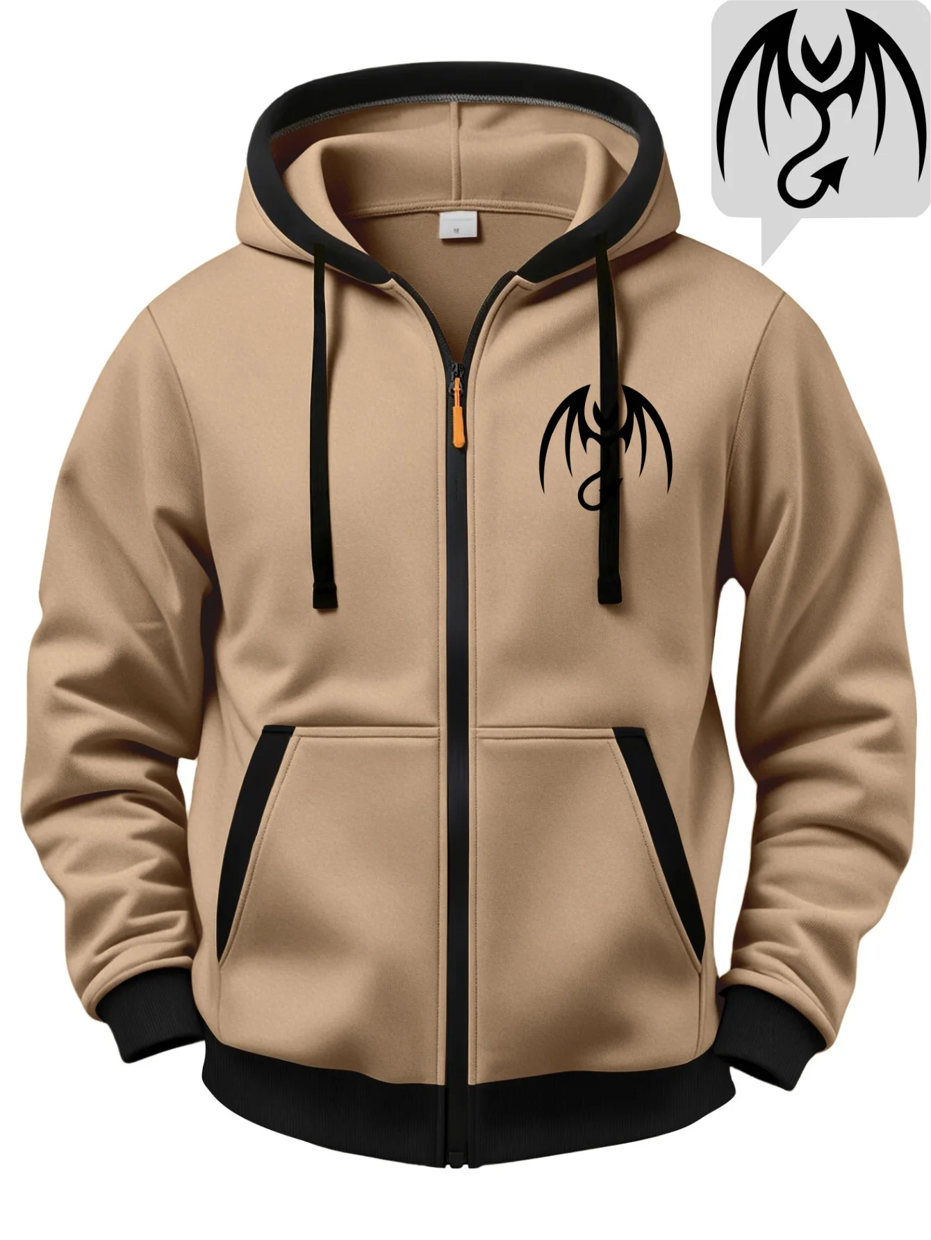 Personalized Devil Totem Print Men's Zip-Up Hoodie, Halloween Color-Blocking Fashion Cardigan, Casual Fleece-Lined Long-Sleeve Jacket