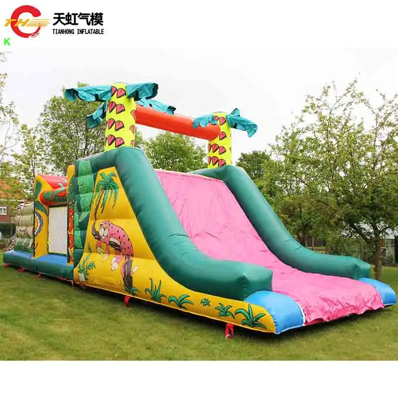Livraison rapide 13x3m toboggan gonflable thème forêt videur gonflable parcours d'obstacles jeu de Sport avec ventilateur