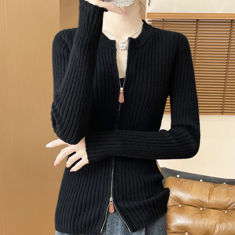 Women\'s Cardigan Autumn/Winter 100% Pure Wool Sweater Thickened Casual Zipper Knitted Clothes Round Neck Fit Tops Basic Blouse