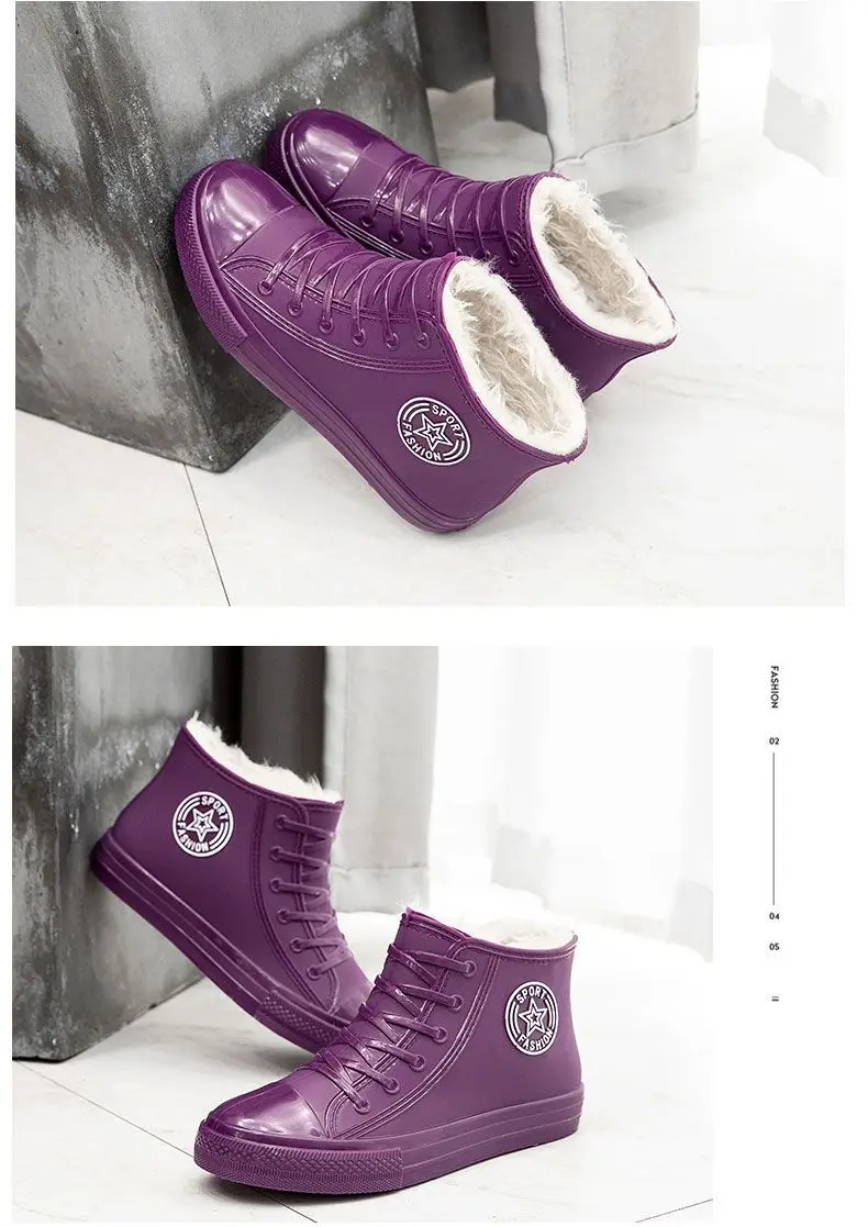 Stilvolle warme Damen-Regenschuhe mit Fell, wasserdichte Winterstiefel, Damen-Galoschen, modische Garten-Regenschuhe, Plüsch-Regenstiefel der Marke – Detail 19