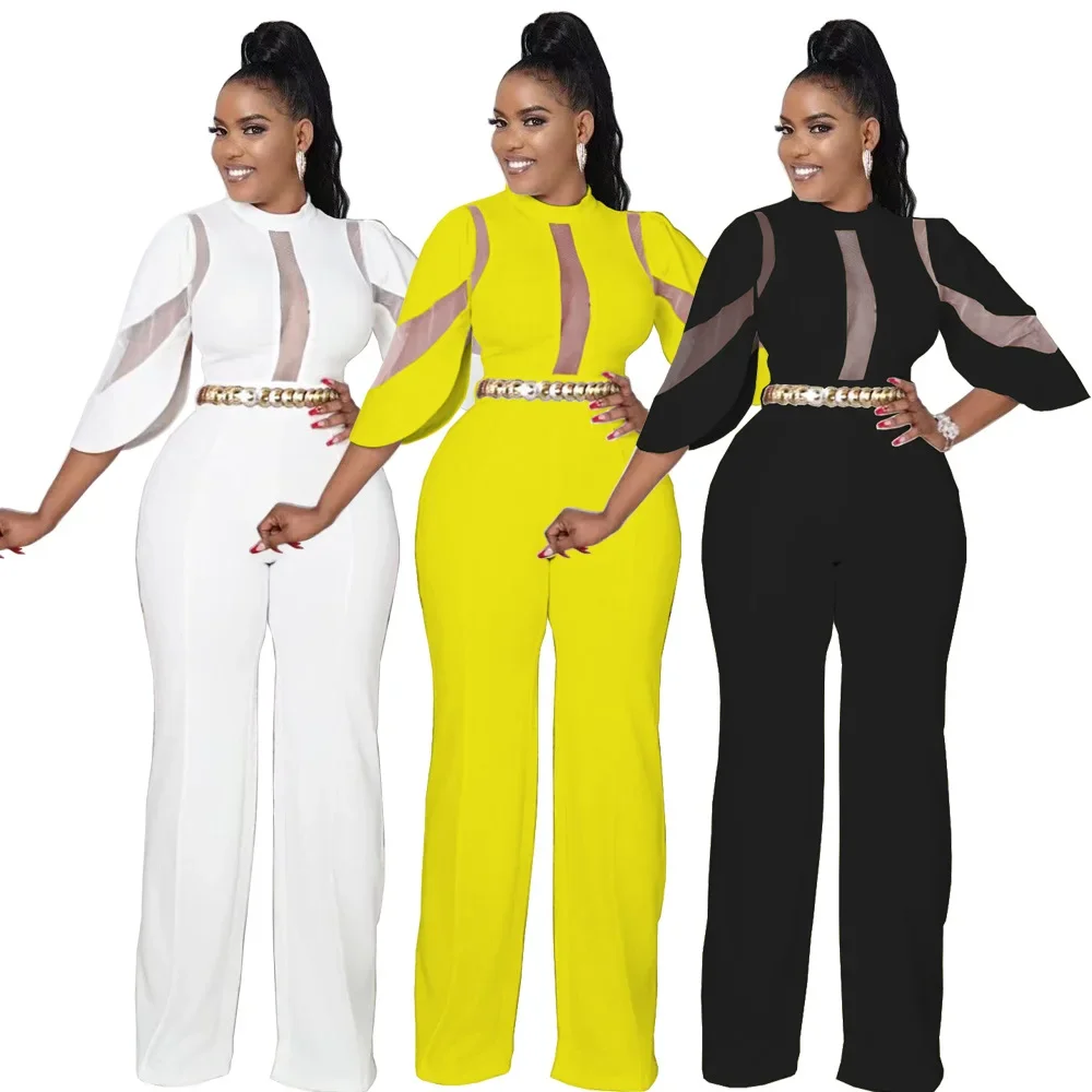 

Women Jumpsuit Mesh Stitching Sexy Rompers Office Lady Jumpsuit Patchwork Wide Legs Casual Pants Rompers High Streetwear 2023