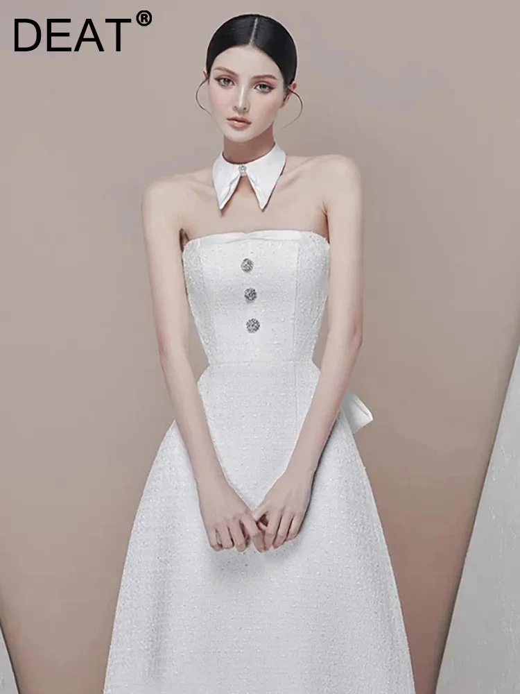 

DEAT Elegant Dress Rhinestone Bow Necklace Slash Neck Sleeveless Mid-calf Women's Party Dresses 2024 Summer New Fashion 13DB3892